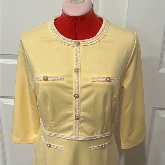 NWT Hobemty Pale Yellow 3/4 Sleeve Women’s Dress Country Club Easter Size Medium - Picture 2 of 8